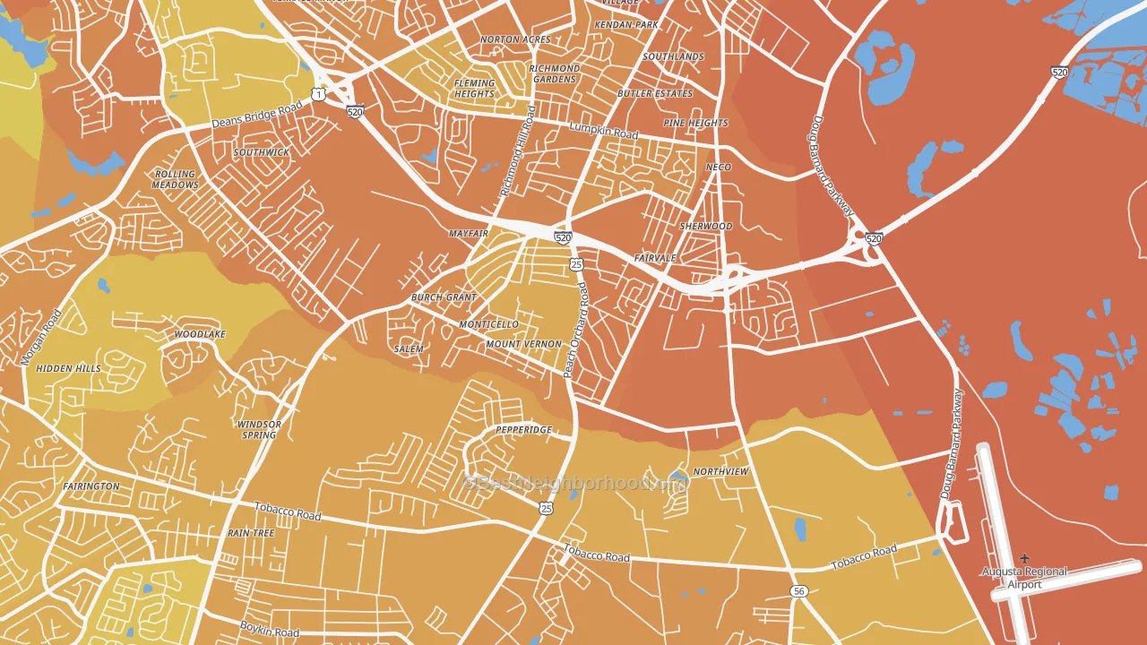 Map of the best neighborhoods in the Southside, Augusta area, with better matches in green and worse matches in red