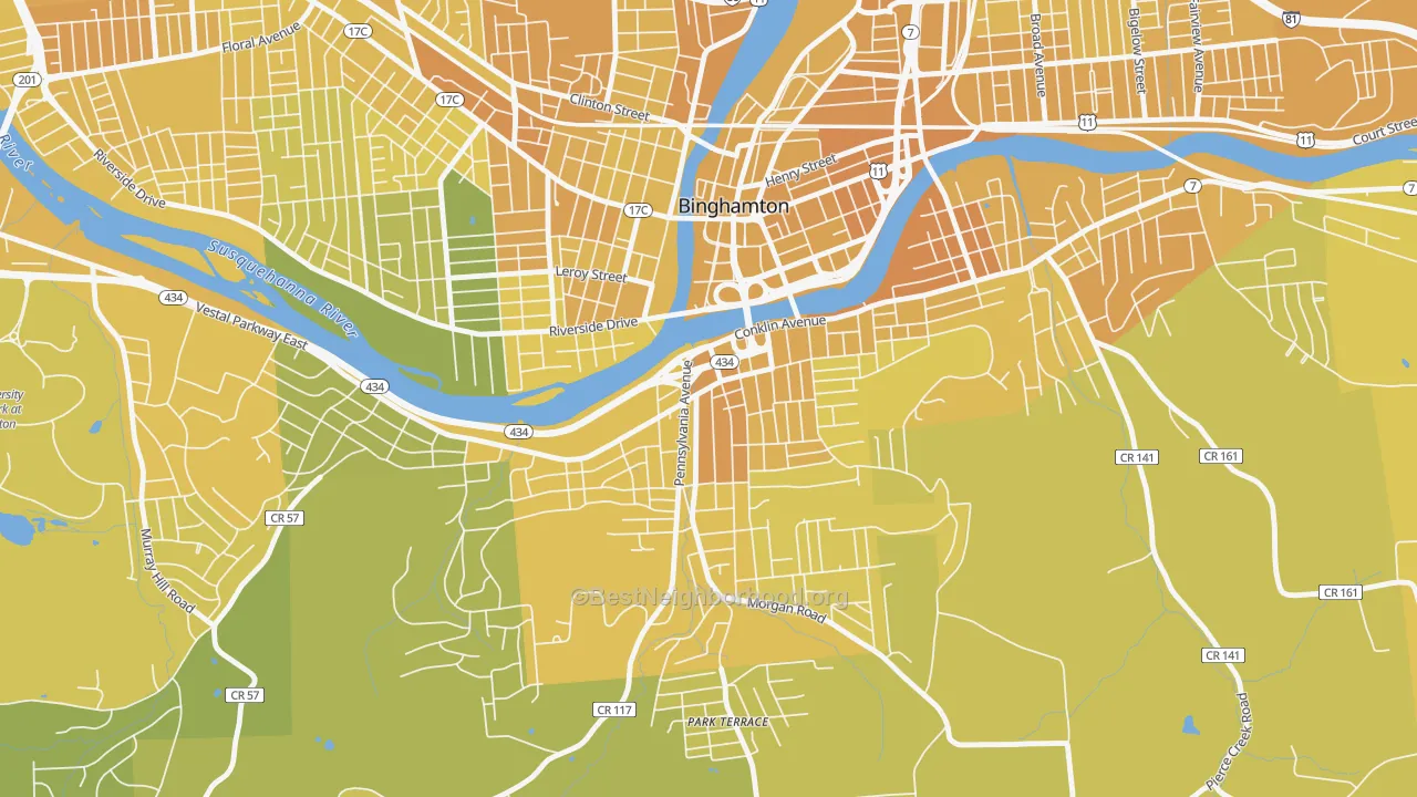 Map of the best neighborhoods in the Southside, Binghamton area, with better matches in green and worse matches in red