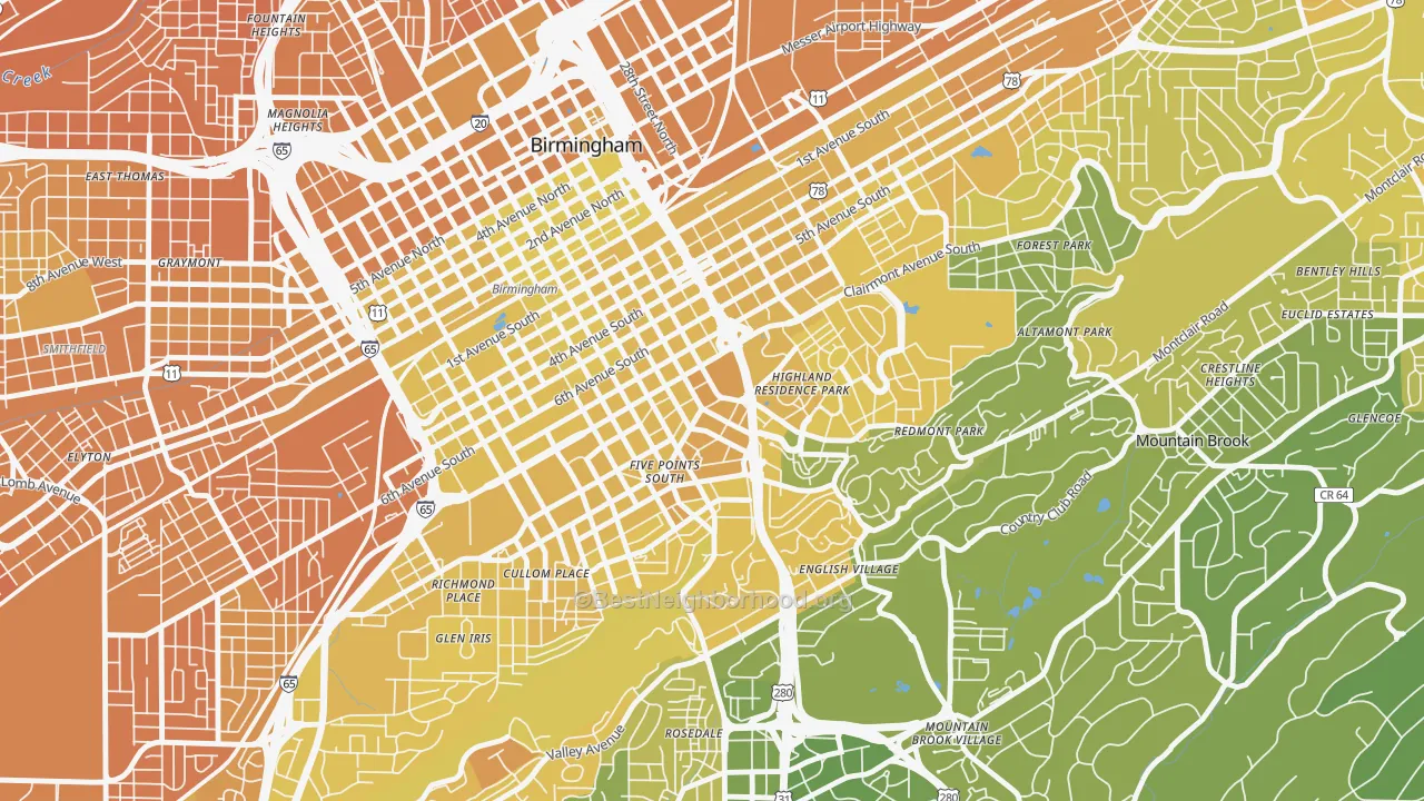 Map of the best neighborhoods in the Southside, Birmingham area, with better matches in green and worse matches in red