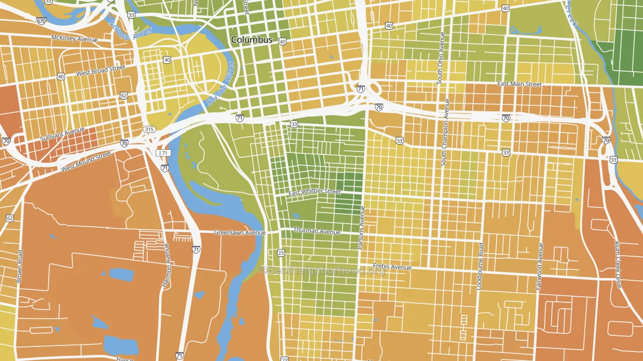 Map of the best neighborhoods in the Southside Columbus, Columbus area, with better matches in green and worse matches in red