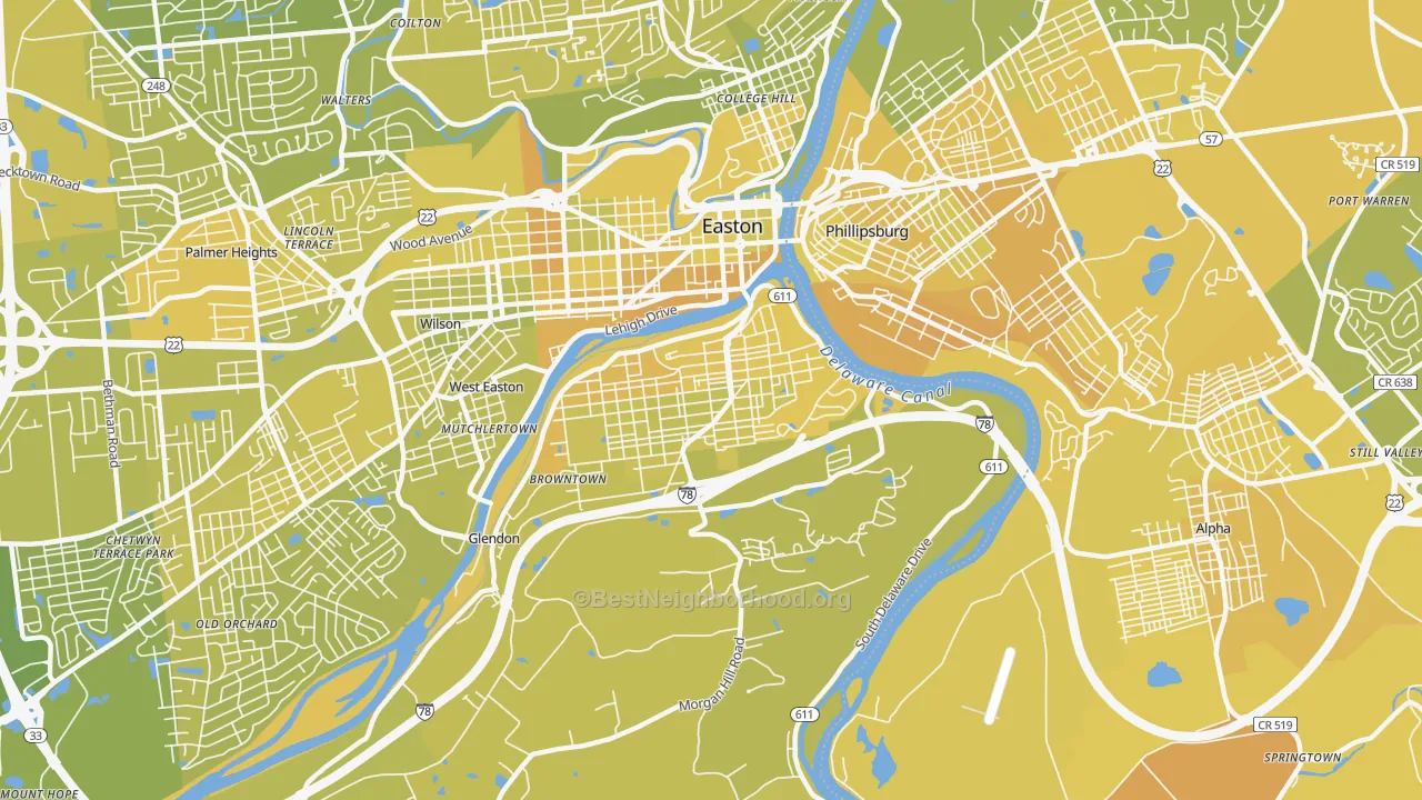 Map of the best neighborhoods in the Southside, Easton area, with better matches in green and worse matches in red