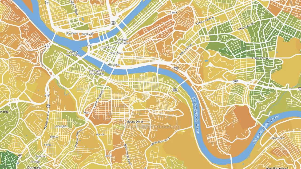 Map of the best neighborhoods in the Southside Flats, Pittsburgh area, with better matches in green and worse matches in red
