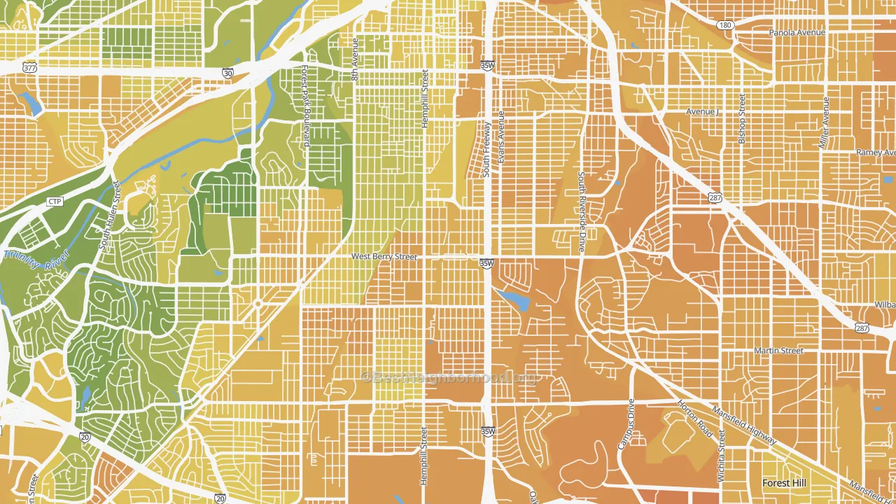 Map of the best neighborhoods in the Southside, Fort Worth area, with better matches in green and worse matches in red