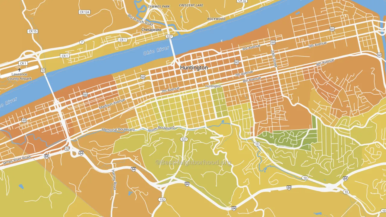 Map of the best neighborhoods in the Southside, Huntington area, with better matches in green and worse matches in red