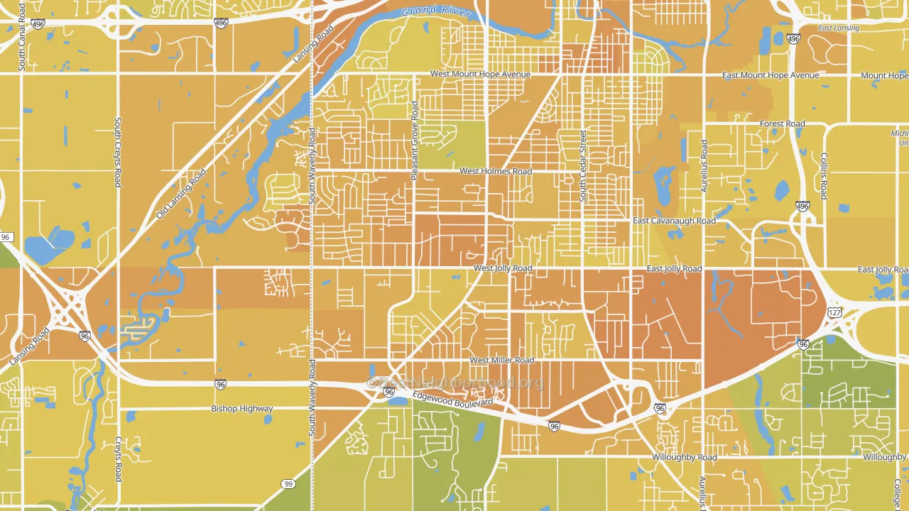 Map of the best neighborhoods in the Southside, Lansing area, with better matches in green and worse matches in red