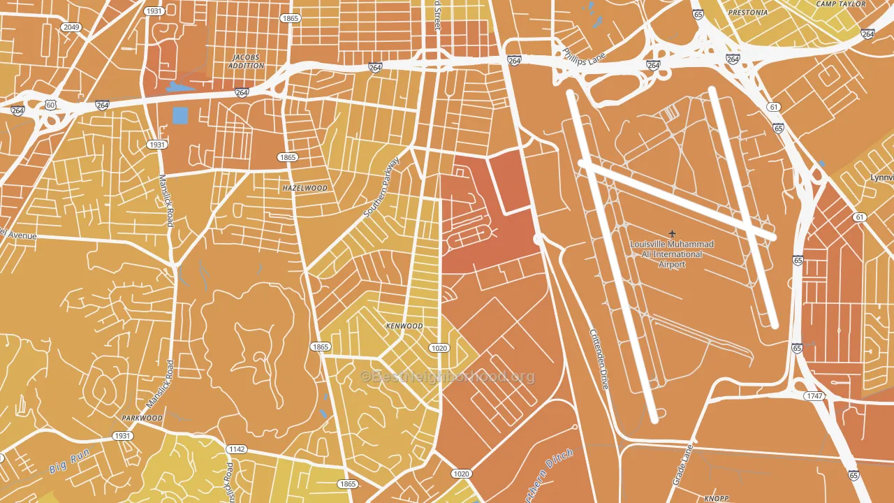 Map of the best neighborhoods in the Southside, Louisville area, with better matches in green and worse matches in red