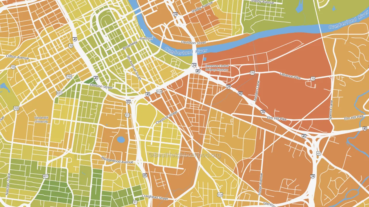 Map of the best neighborhoods in the Southside, Nashville area, with better matches in green and worse matches in red