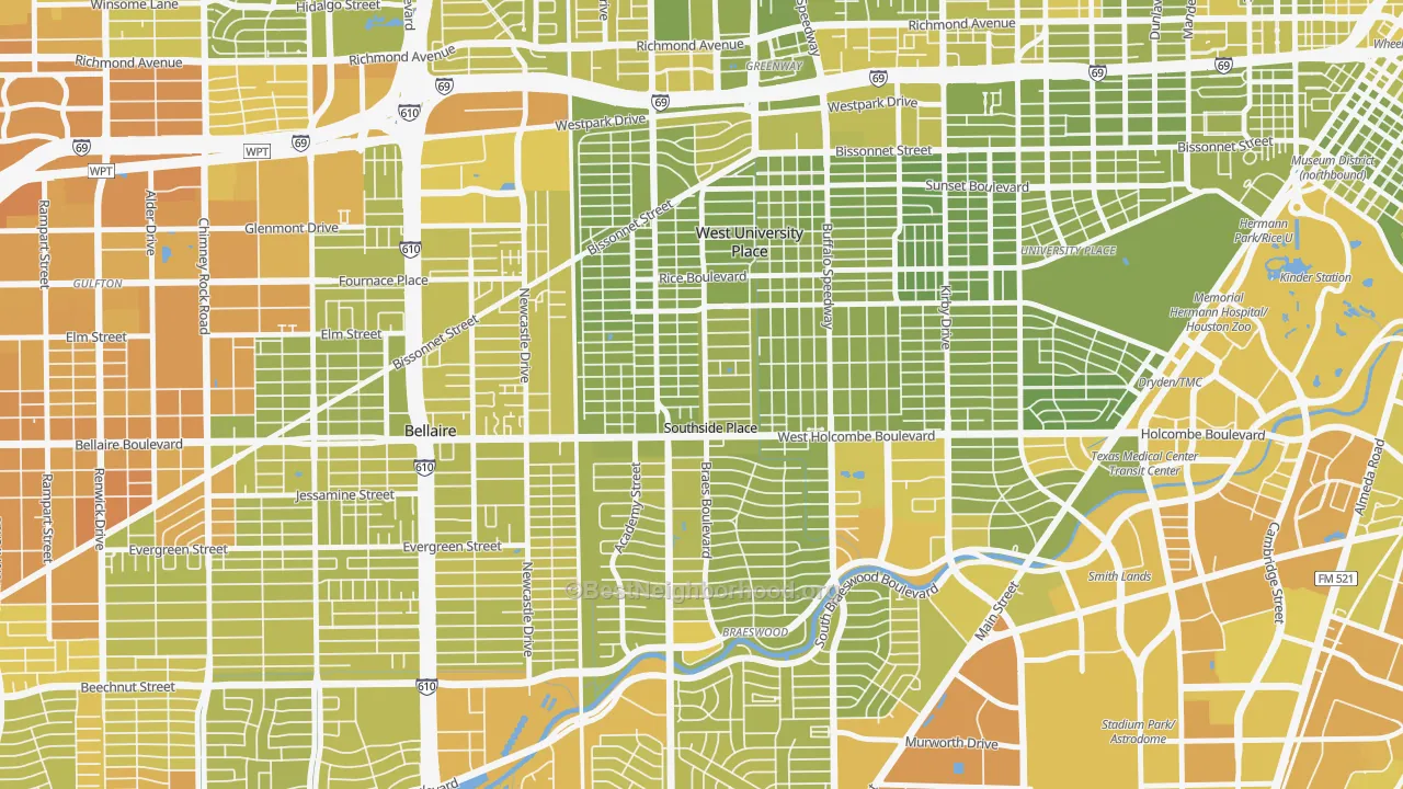 Map of the best neighborhoods in the Southside Place area, with better matches in green and worse matches in red