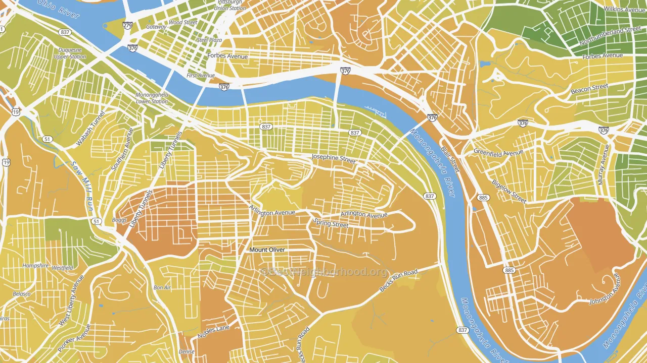 Map of the best neighborhoods in the Southside Slopes, Pittsburgh area, with better matches in green and worse matches in red