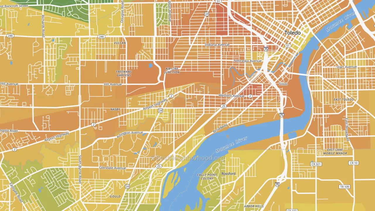 Map of the best neighborhoods in the Southside, Toledo area, with better matches in green and worse matches in red