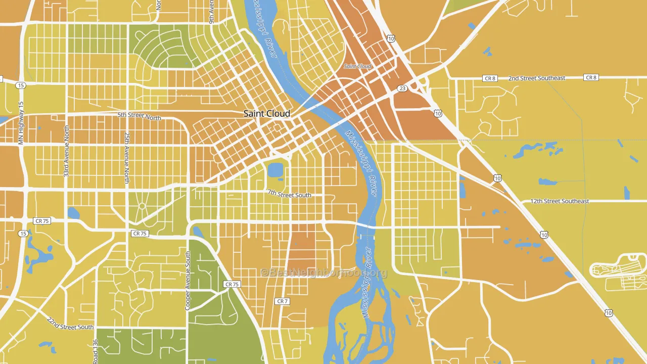 Map of the best neighborhoods in the Southside University, St. Cloud area, with better matches in green and worse matches in red