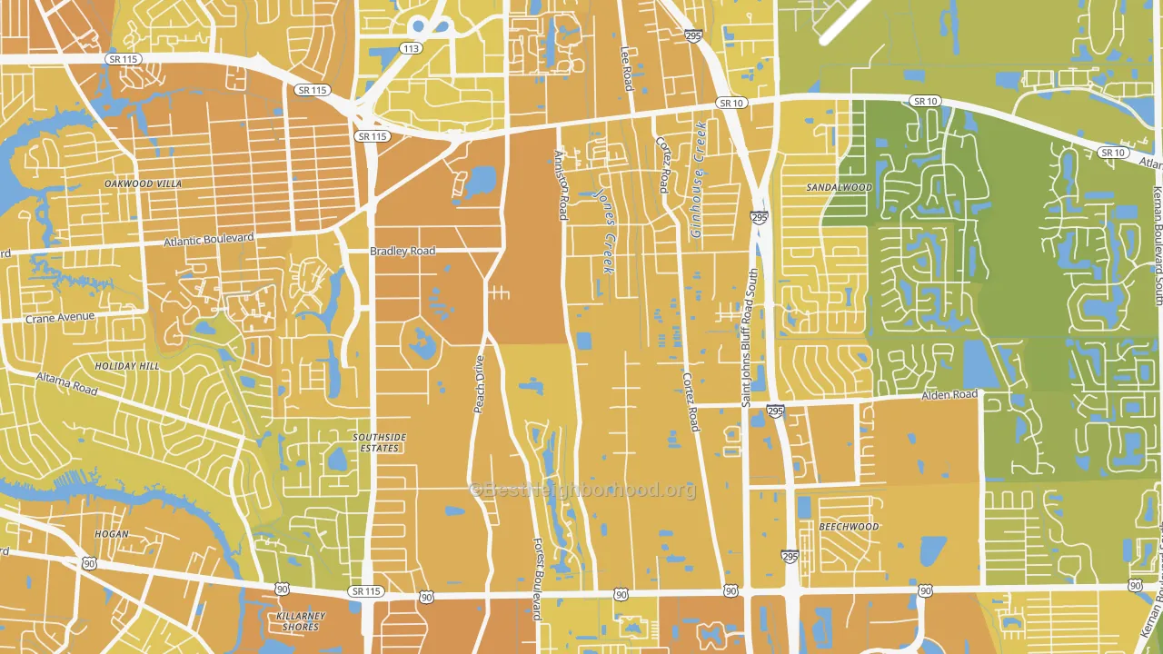 Map of the best neighborhoods in the Southsuide Estates, Jacksonville area, with better matches in green and worse matches in red
