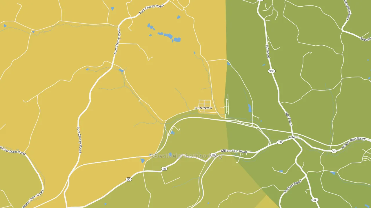 Map of the best neighborhoods in the Southview area, with better matches in green and worse matches in red