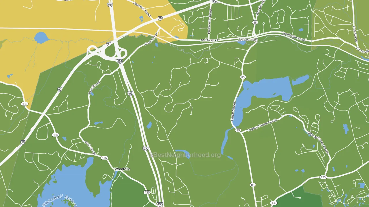 Map of the best neighborhoods in the Southville area, with better matches in green and worse matches in red