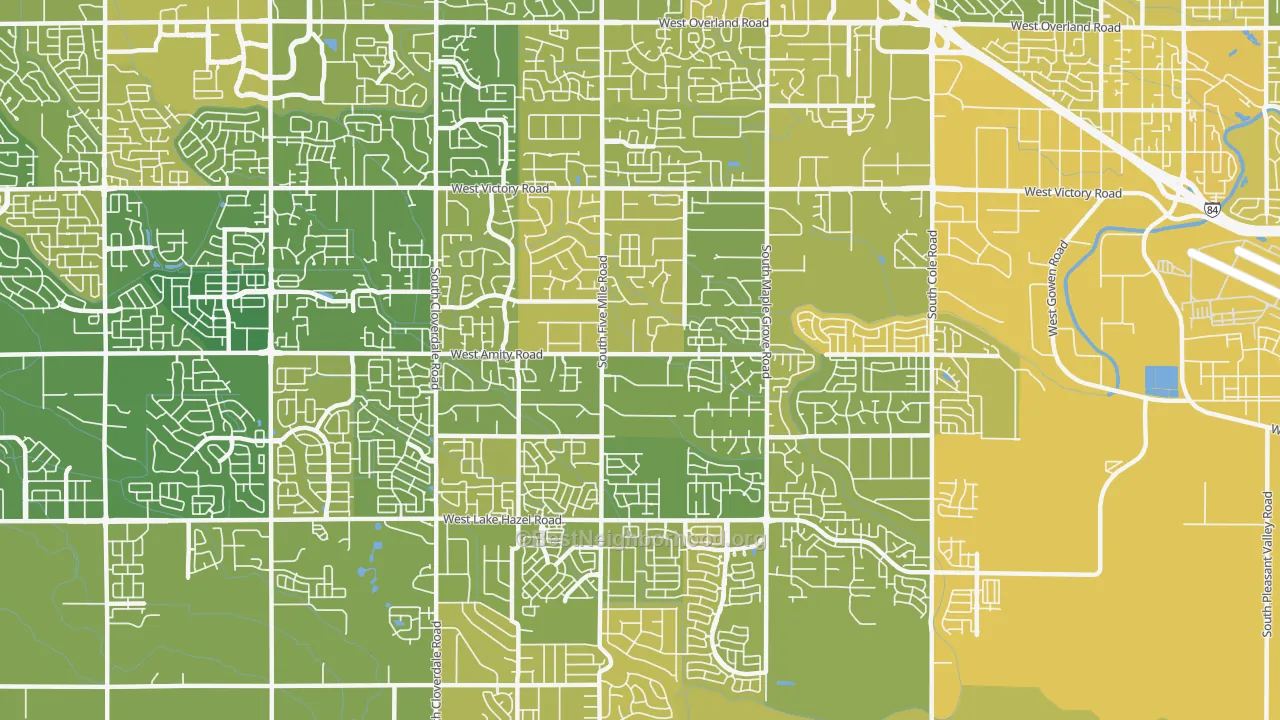 Map of the best neighborhoods in the Southwest Ada, Boise area, with better matches in green and worse matches in red