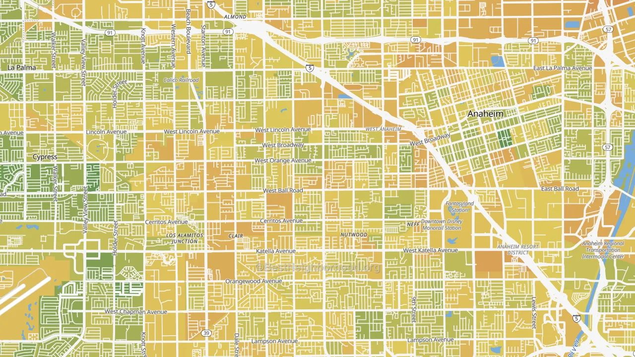 Map of the best neighborhoods in the SouthWest Anaheim, Anaheim area, with better matches in green and worse matches in red