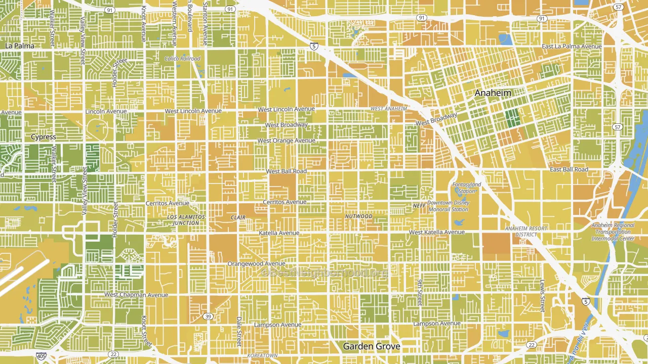 Map of the best neighborhoods in the Southwest, Anaheim area, with better matches in green and worse matches in red