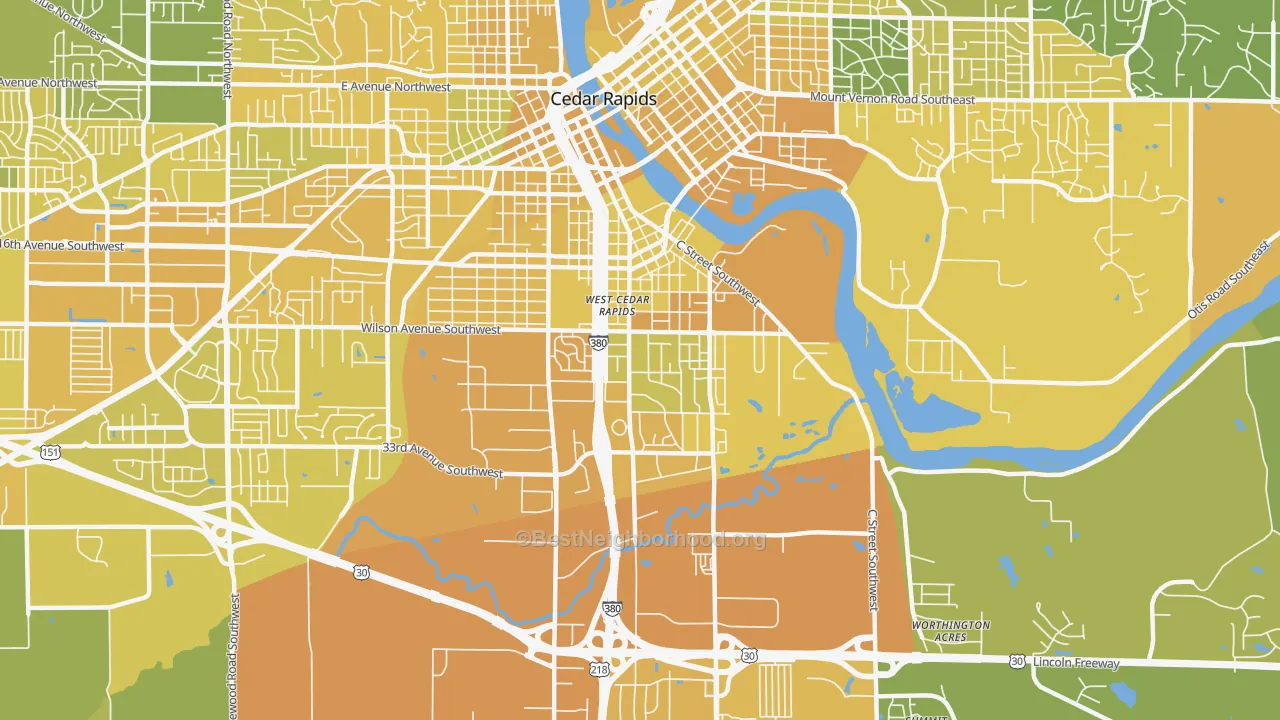 Map of the best neighborhoods in the Southwest Area, Cedar Rapids area, with better matches in green and worse matches in red