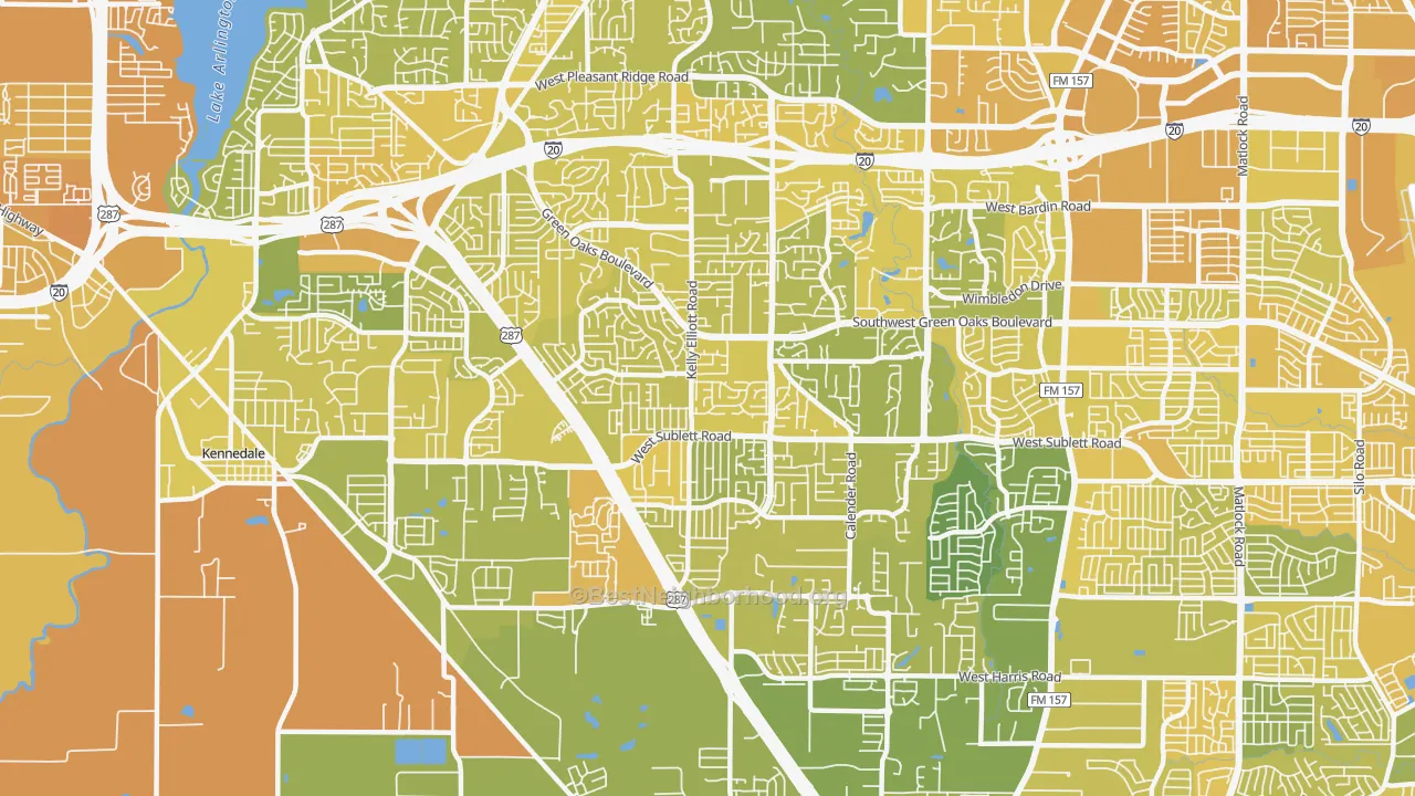 Map of the best neighborhoods in the Southwest Arlington, Arlington area, with better matches in green and worse matches in red