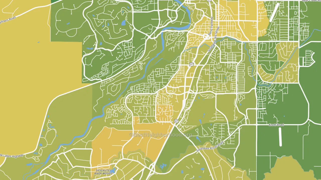 Map of the best neighborhoods in the Southwest Bend, Bend area, with better matches in green and worse matches in red