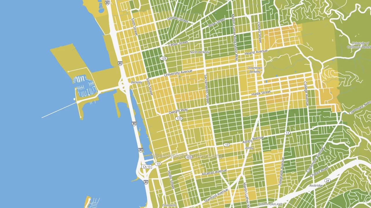 Map of the best neighborhoods in the SouthWest Berkeley, Berkeley area, with better matches in green and worse matches in red