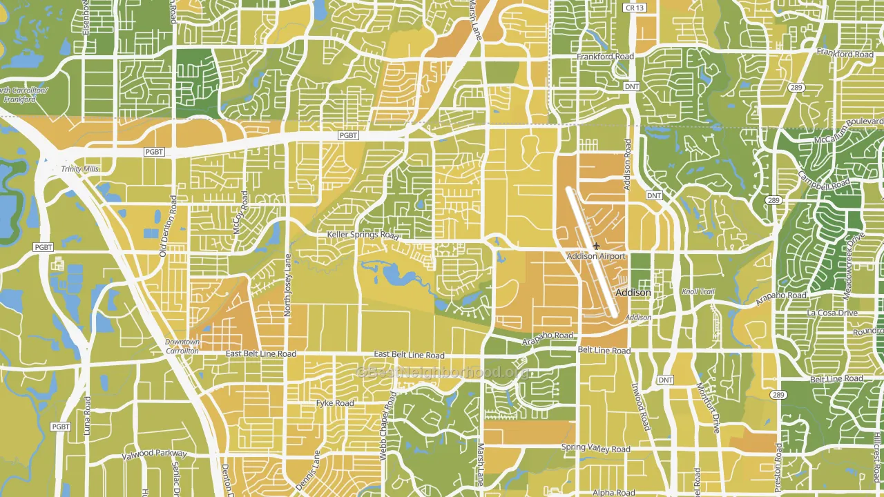 Map of the best neighborhoods in the Southwest Carrollton, Carrollton area, with better matches in green and worse matches in red