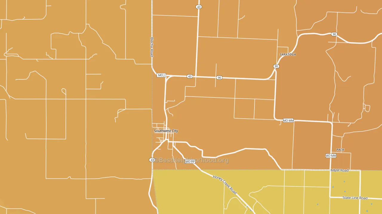 Map of the best neighborhoods in the Southwest City area, with better matches in green and worse matches in red