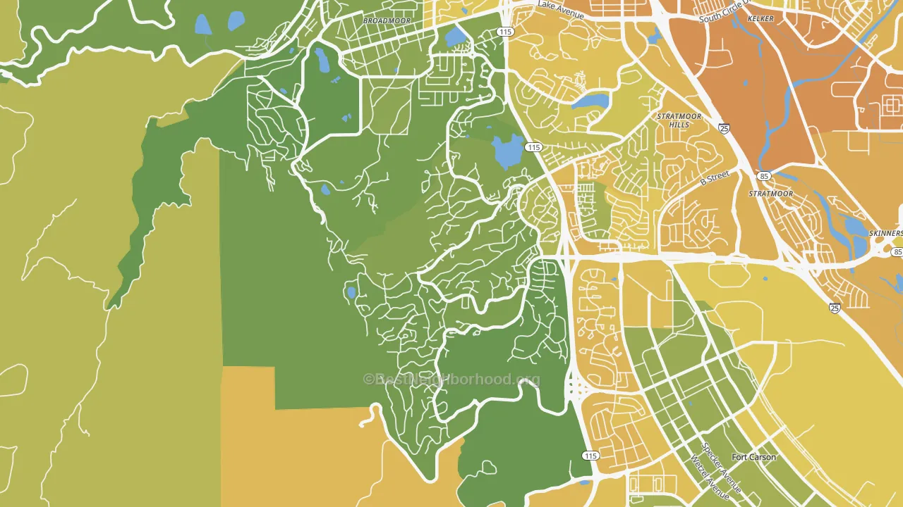 Map of the best neighborhoods in the Southwest Colorado Springs, Colorado Springs area, with better matches in green and worse matches in red