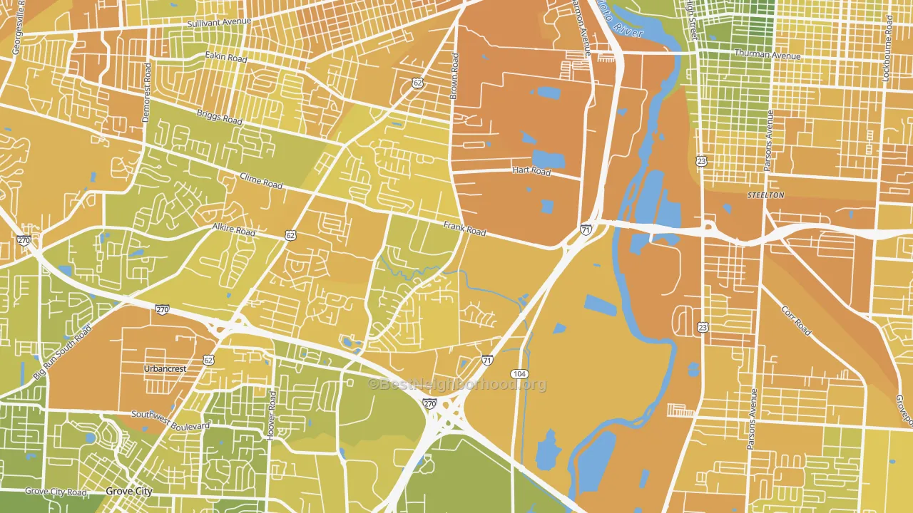 Map of the best neighborhoods in the Southwest, Columbus area, with better matches in green and worse matches in red