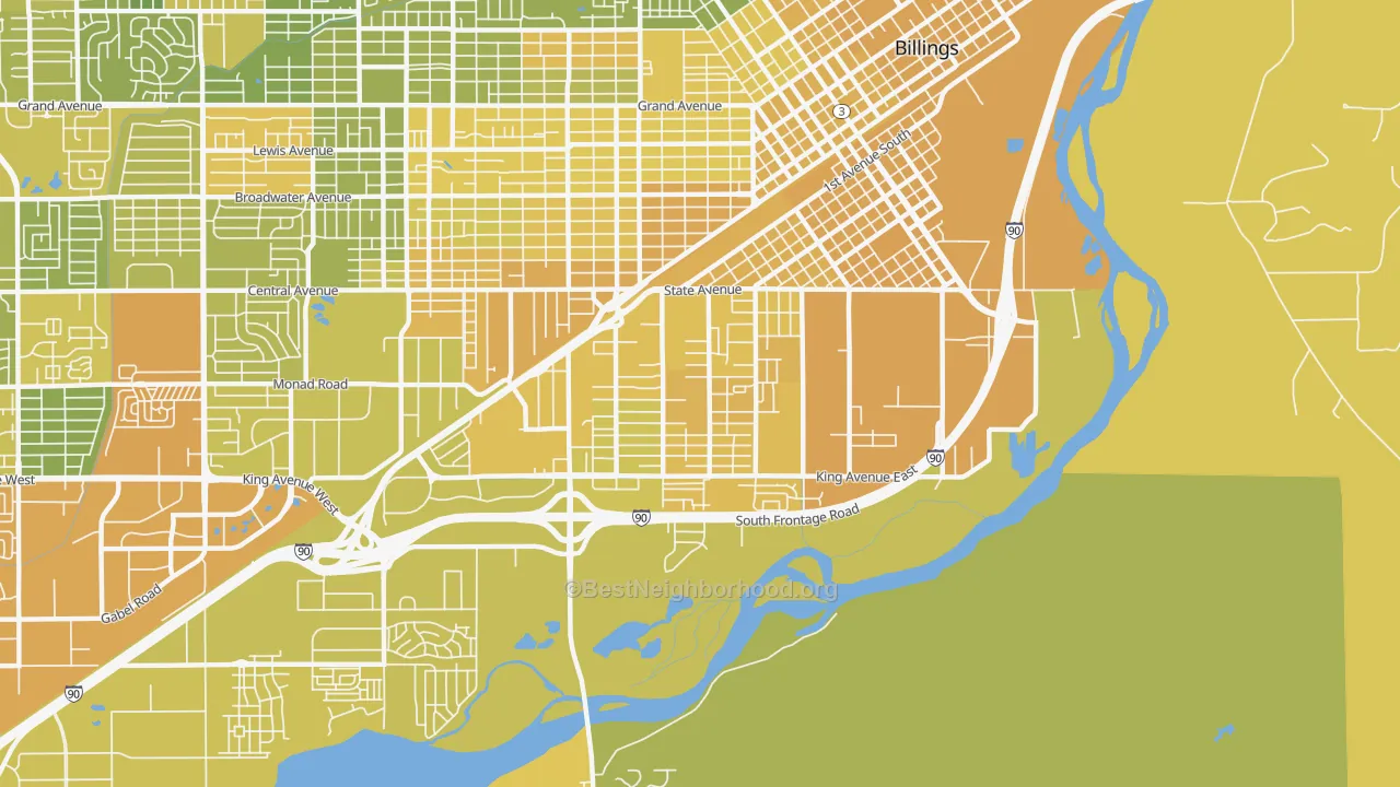 Map of the best neighborhoods in the Southwest Corridor, Billings area, with better matches in green and worse matches in red
