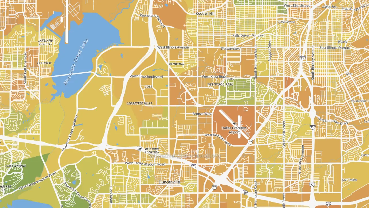 Map of the best neighborhoods in the Southwest Dallas, Dallas area, with better matches in green and worse matches in red