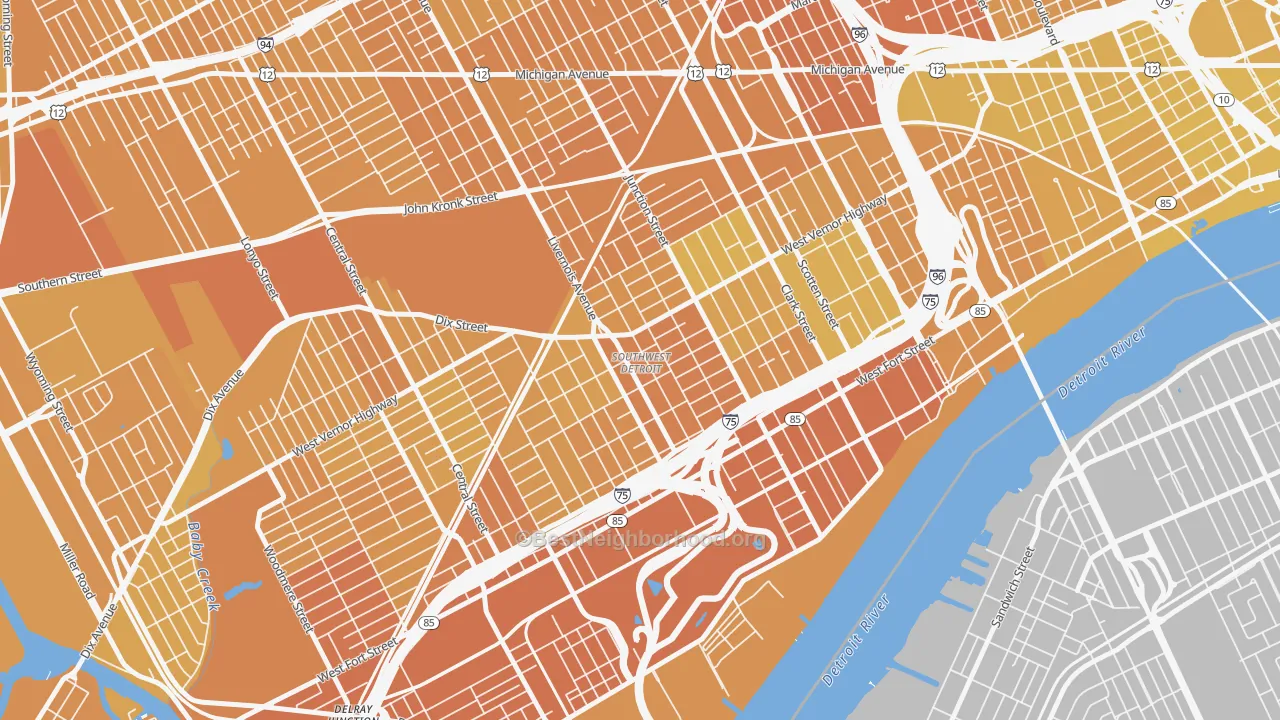 Map of the best neighborhoods in the Southwest Detroit, Detroit area, with better matches in green and worse matches in red