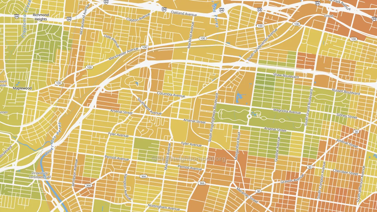 Map of the best neighborhoods in the Southwest Garden, St. Louis area, with better matches in green and worse matches in red