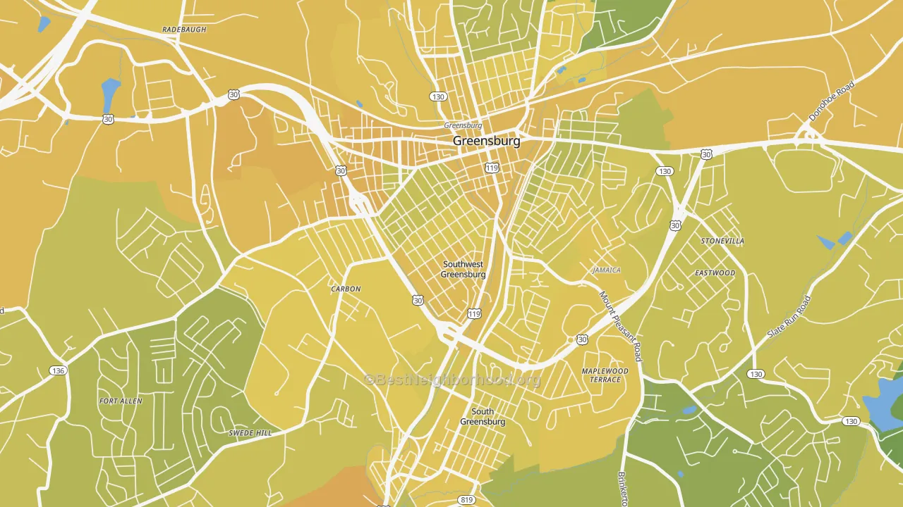 Map of the best neighborhoods in the Southwest Greensburg area, with better matches in green and worse matches in red