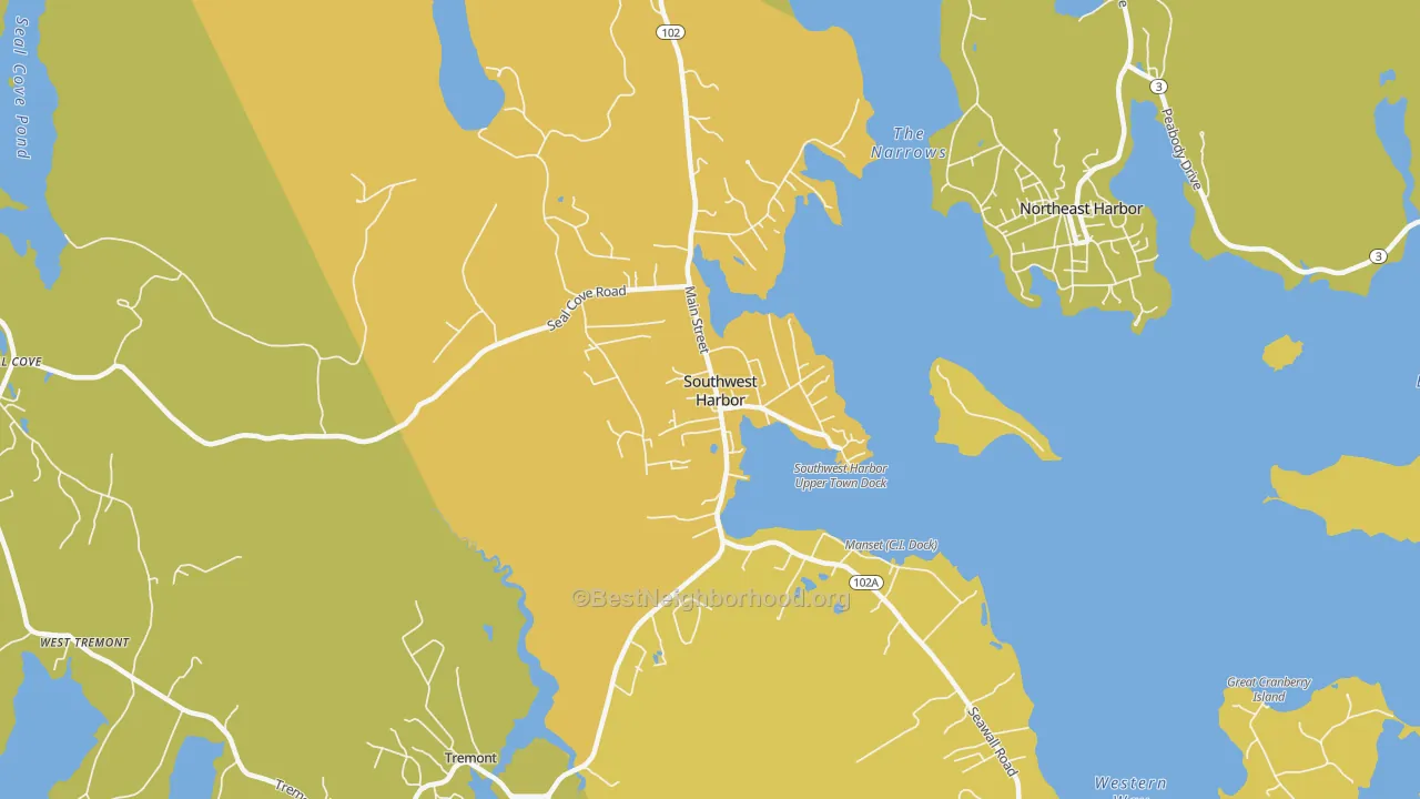 Map of the best neighborhoods in the Southwest Harbor area, with better matches in green and worse matches in red