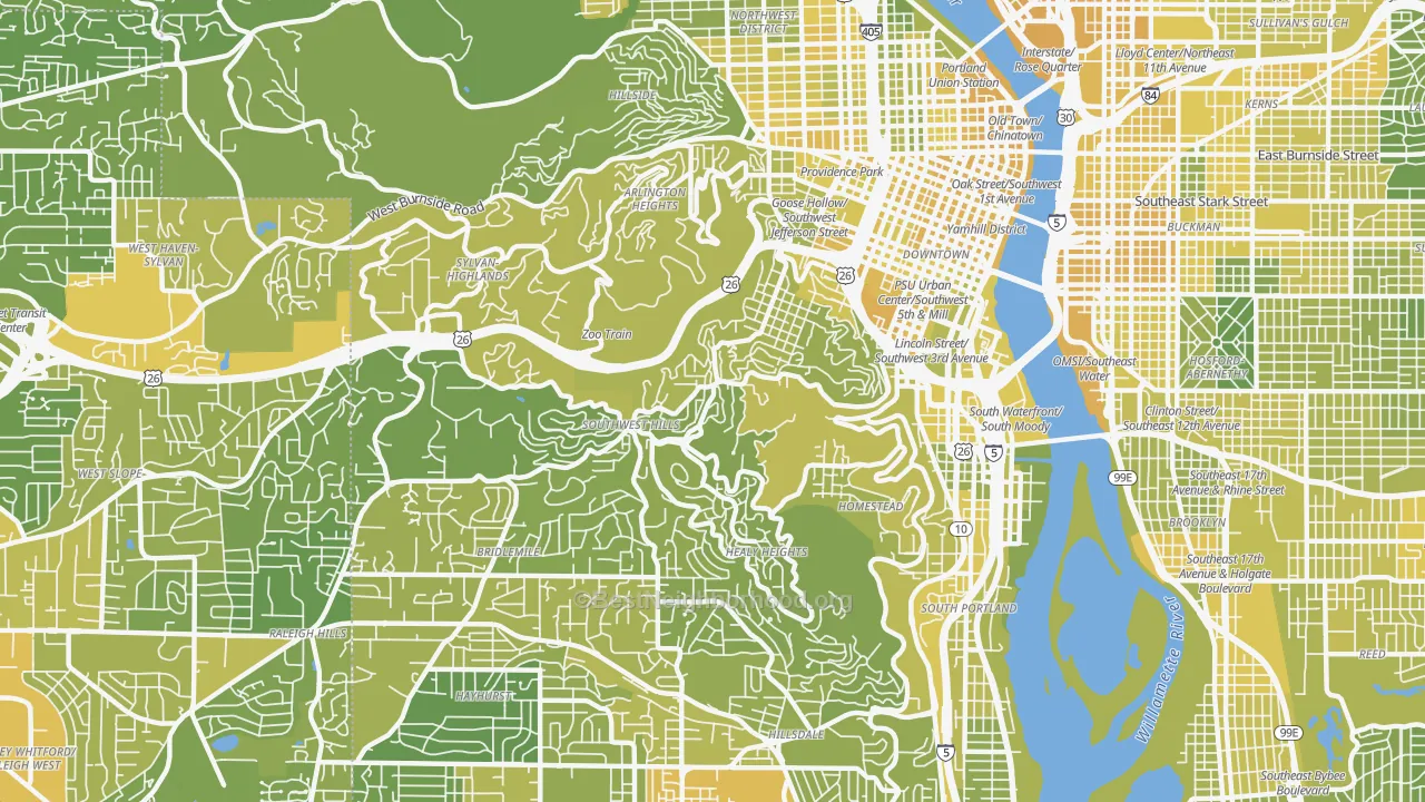 Map of the best neighborhoods in the Southwest Hills, Portland area, with better matches in green and worse matches in red