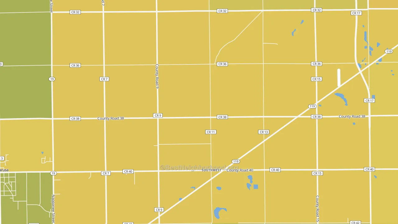 Map of the best neighborhoods in the Southwest area, with better matches in green and worse matches in red