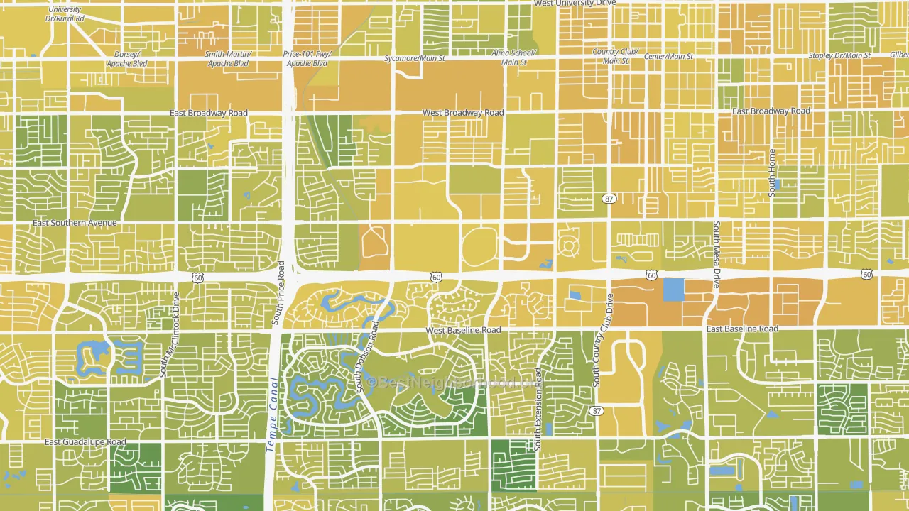 Map of the best neighborhoods in the Southwest Mesa, Mesa area, with better matches in green and worse matches in red