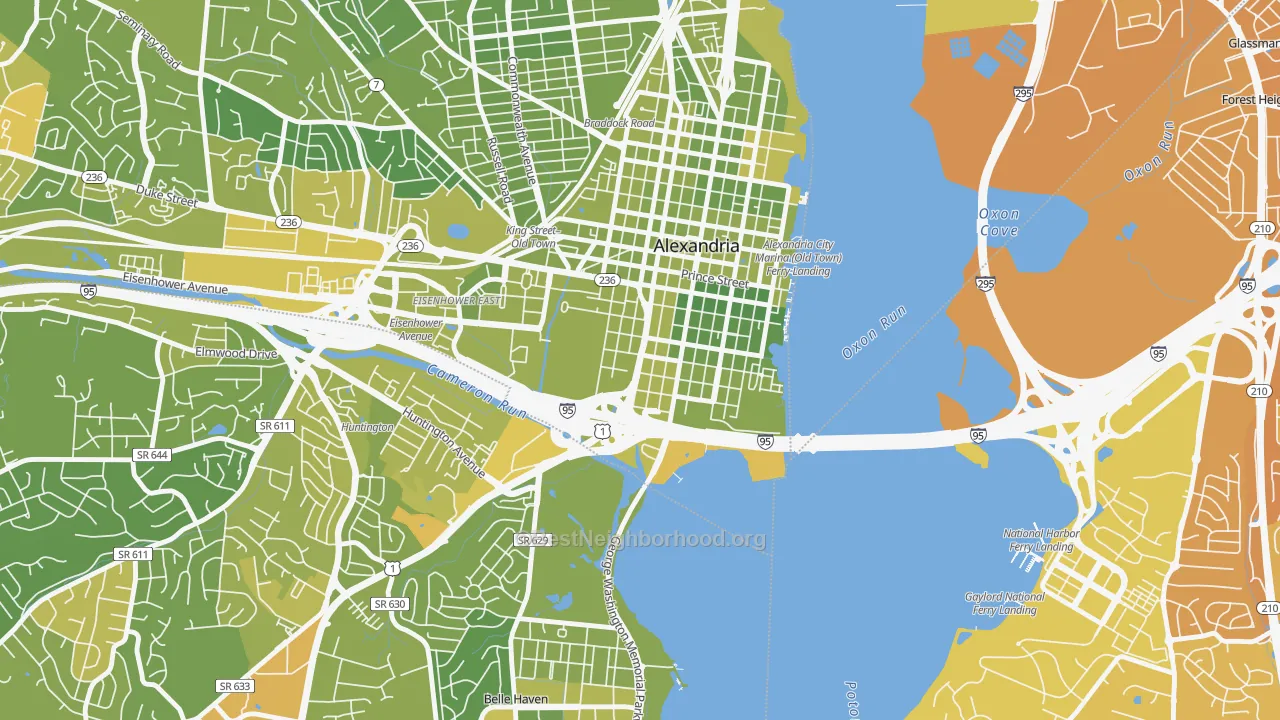 Map of the best neighborhoods in the Southwest Quadrant, Alexandria area, with better matches in green and worse matches in red