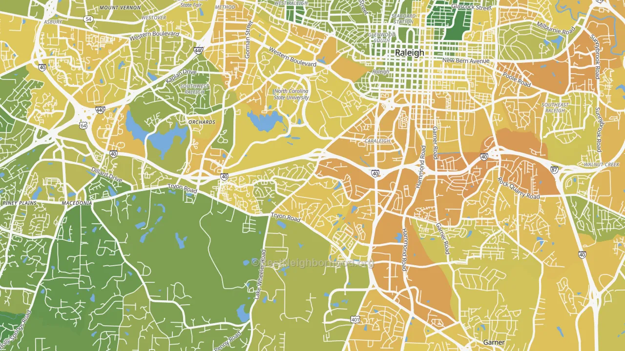 Map of the best neighborhoods in the Southwest Raleigh, Raleigh area, with better matches in green and worse matches in red