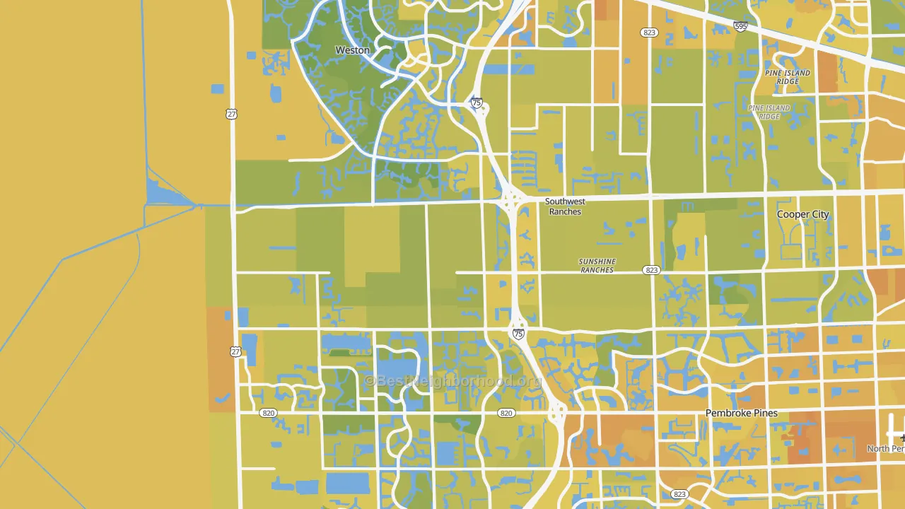 Map of the best neighborhoods in the Southwest Ranches area, with better matches in green and worse matches in red