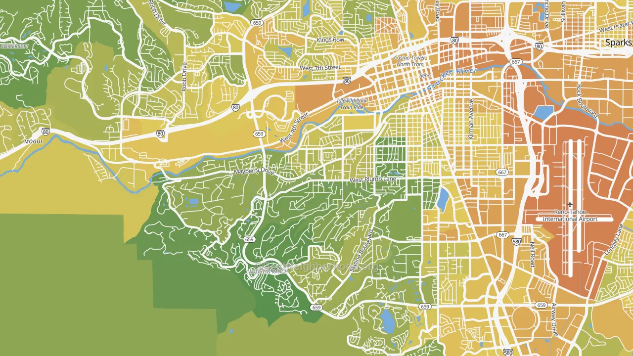 Map of the best neighborhoods in the Southwest, Reno area, with better matches in green and worse matches in red