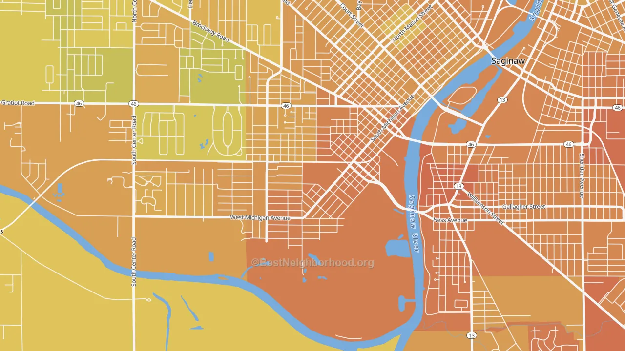 Map of the best neighborhoods in the Southwest Saginaw, Saginaw area, with better matches in green and worse matches in red