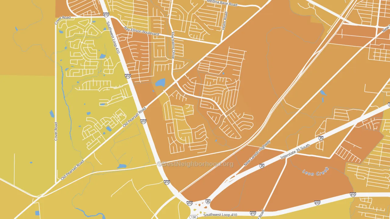 Map of the best neighborhoods in the Southwest, San Antonio area, with better matches in green and worse matches in red