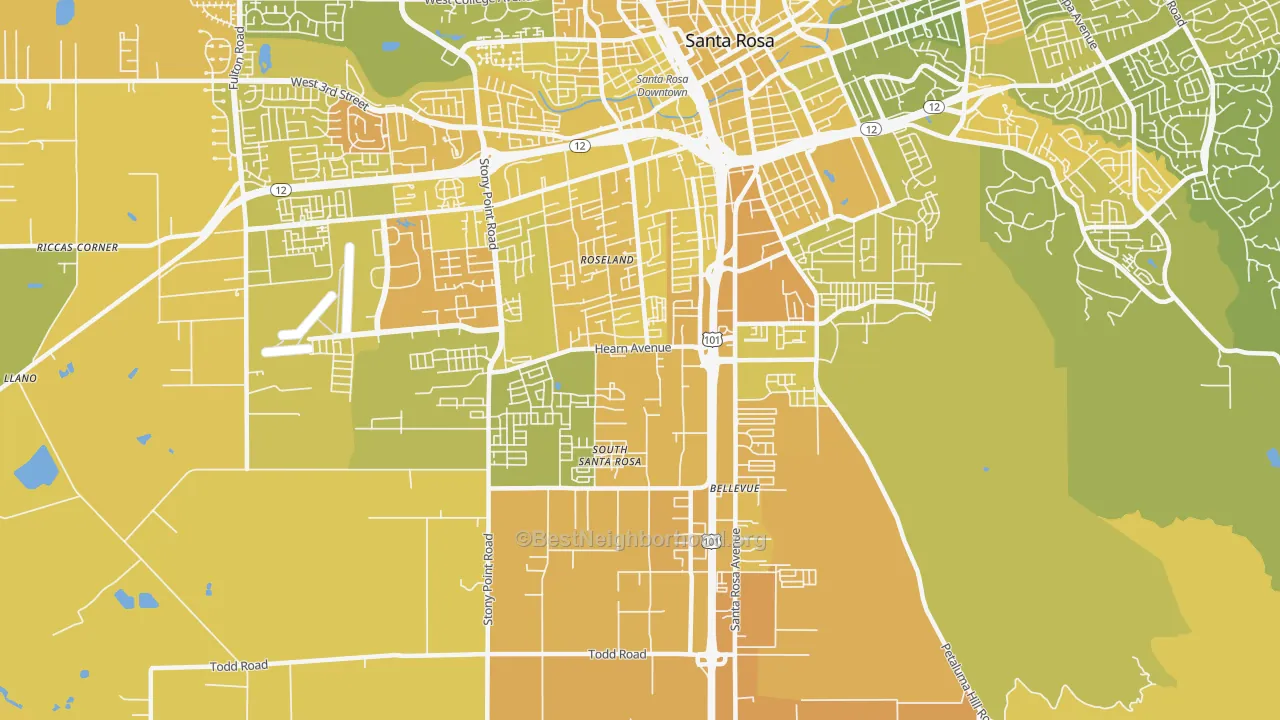 Map of the best neighborhoods in the SouthWest Santa Rosa, Santa Rosa area, with better matches in green and worse matches in red
