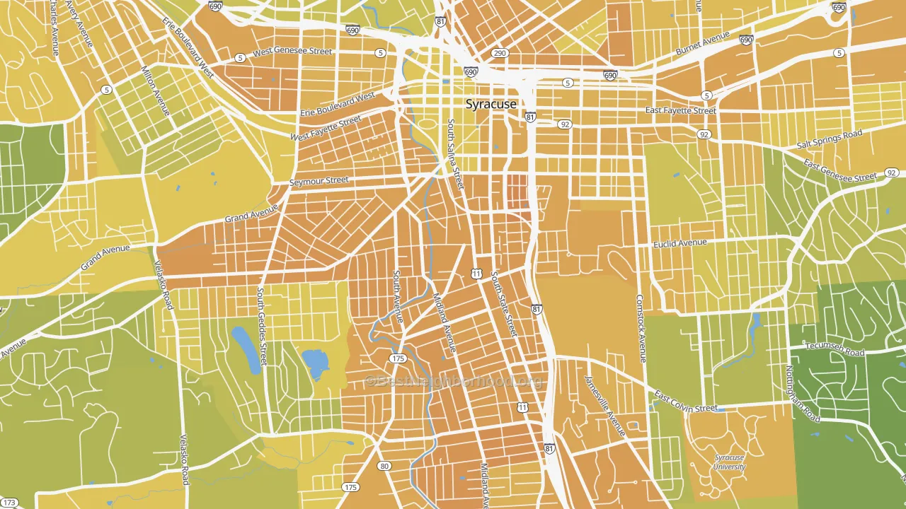Map of the best neighborhoods in the Southwest, Syracuse area, with better matches in green and worse matches in red