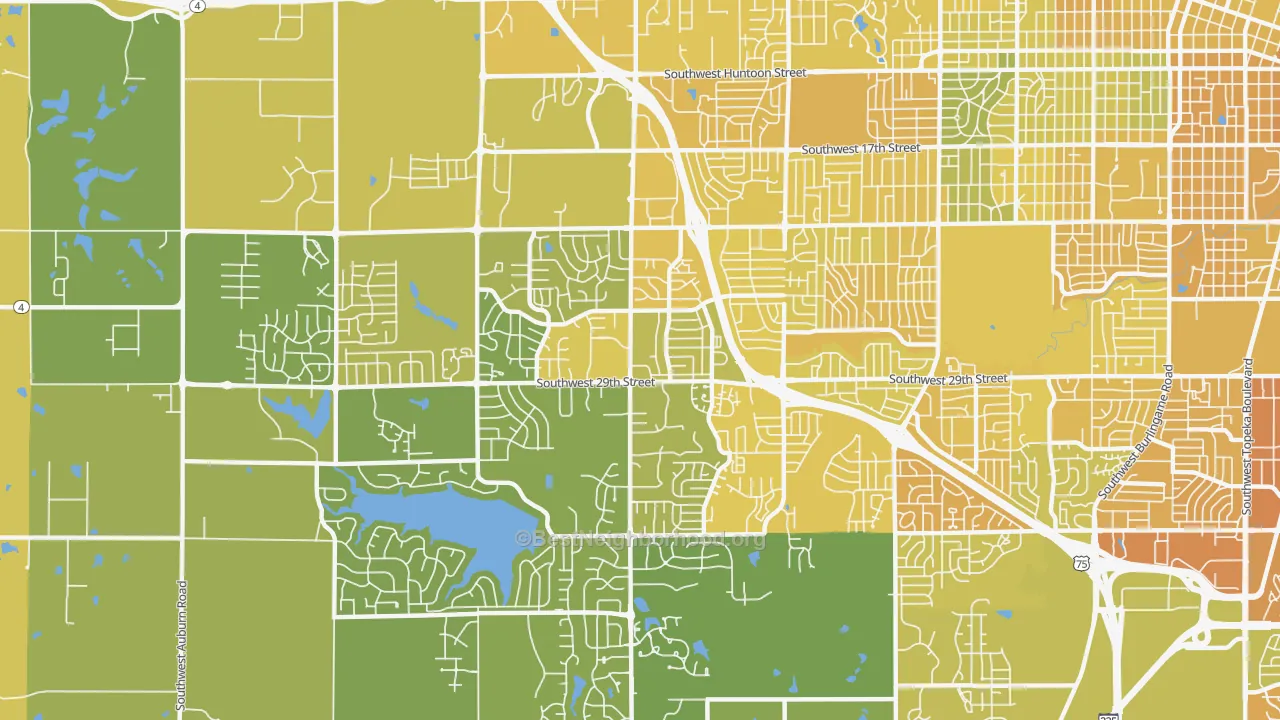Map of the best neighborhoods in the Southwest Topeka, Topeka area, with better matches in green and worse matches in red