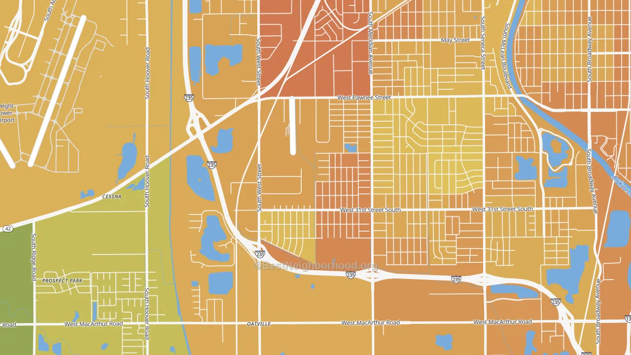 Map of the best neighborhoods in the Southwest Village, Wichita area, with better matches in green and worse matches in red