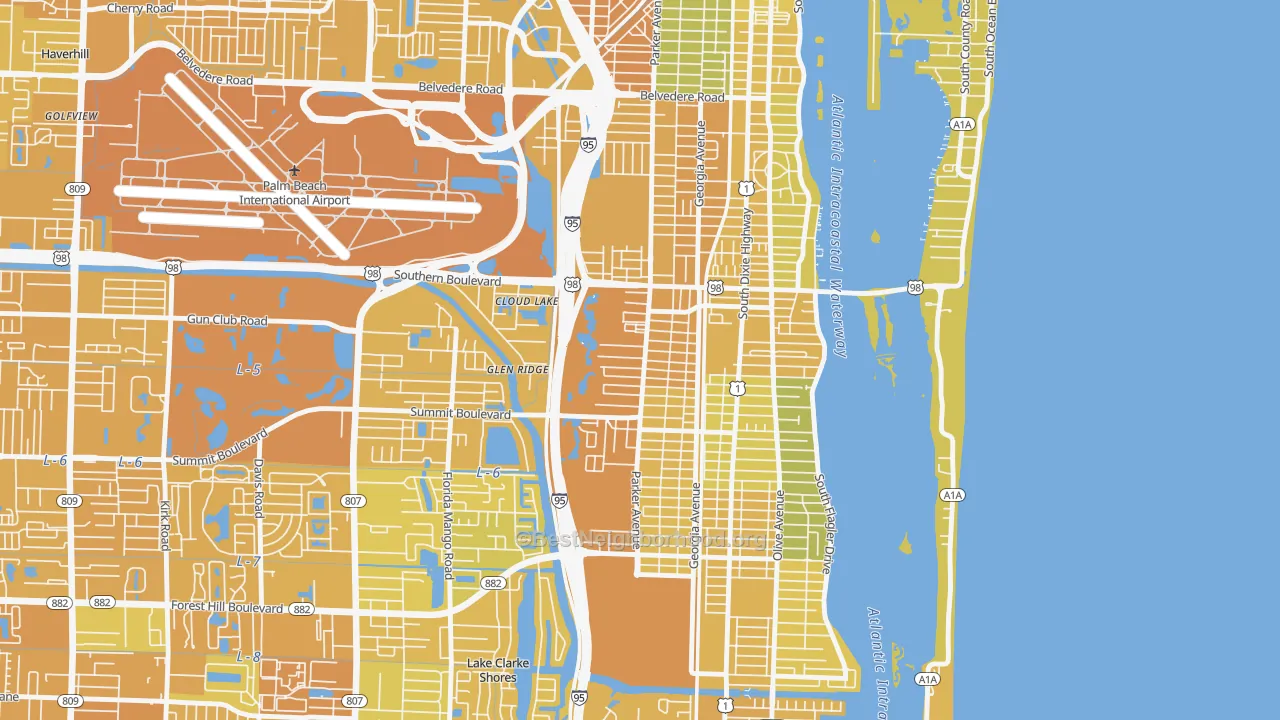 Map of the best neighborhoods in the Southwest, West Palm Beach area, with better matches in green and worse matches in red