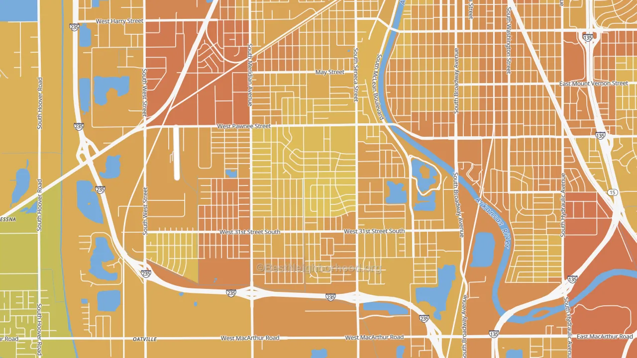 Map of the best neighborhoods in the Southwest, Wichita area, with better matches in green and worse matches in red